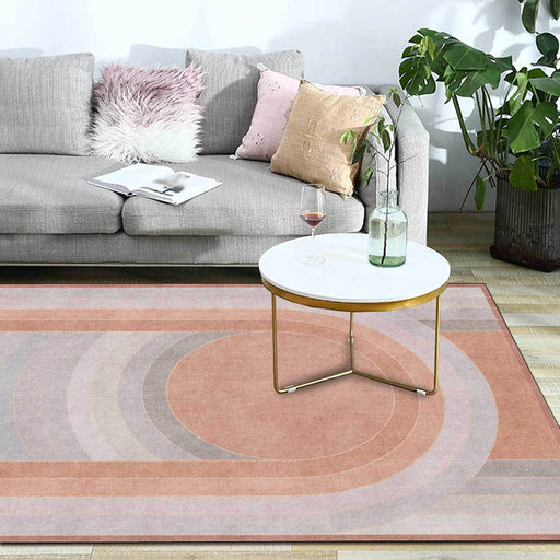 Pink Bedroom Rug Novelty Color Block Arc Circle Pattern Area Rug Polyester Non-Slip Backing Stain-Resistant Carpet