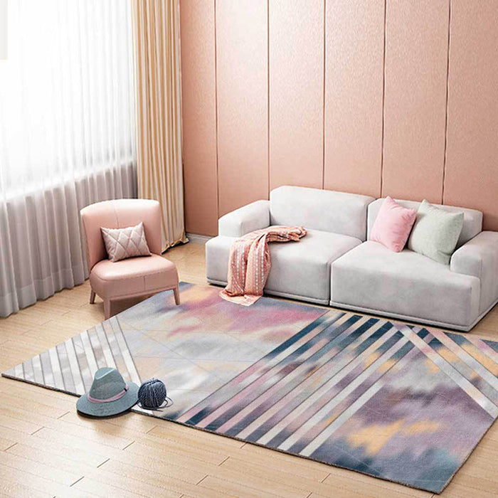 Pink Bedroom Rug Novelty Geometric Stripe Pattern Area Rug Polyester Pet Friendly Non-Slip Carpet