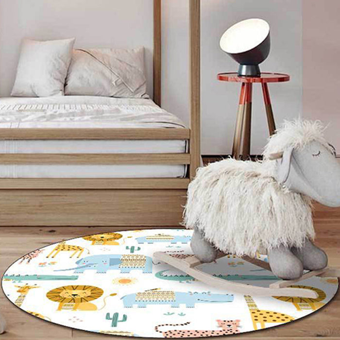 Kids Bedroom Rug in White Animal Lion Elephant Crocodile Print Rug Polyester Machine Washable Area Rug