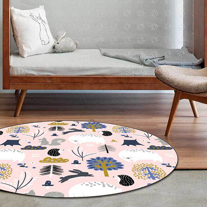 Kids Bedroom Rug in Pink Animal Rabbit Hedgehog Bear Print Rug Polyester Anti-Slip Washable Area Rug