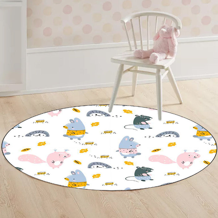 Kids Bedroom Rug in White Animal Rabbit Hedgehog Leaf Print Rug Polyester Machine Washable Pet Friendly Area Rug