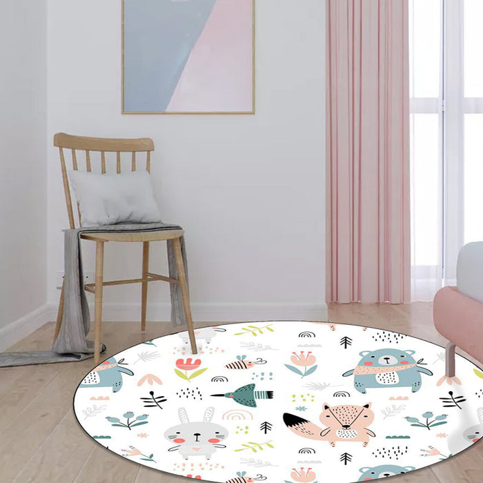 White Child's Room Rug Kids Animal Rabbit Fox Bear Floral Pattern Area Rug Polyester Anti-Slip Backing Carpet