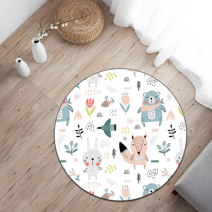 White Child's Room Rug Kids Animal Rabbit Fox Bear Floral Pattern Area Rug Polyester Anti-Slip Backing Carpet