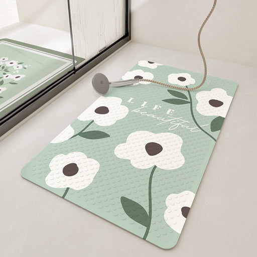 Feblilac White Flower And Green leaves Green PVC Bathroom Mat