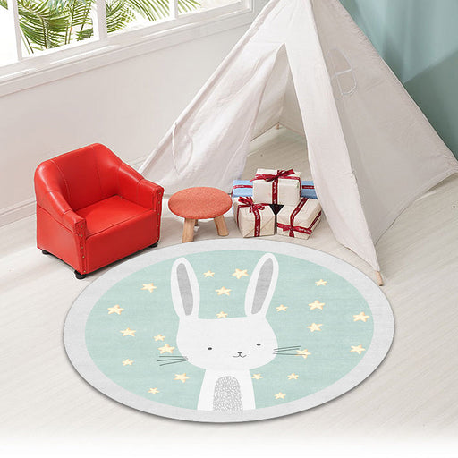 Kids Cartoon Rabbit Pattern Rug Green Polyester Rug Washable Anti-Slip Backing Area Rug for Home Decoration