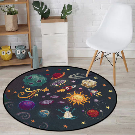 Kids Bedroom Rug in Black Outer Space Alien Planet Rocket Print Rug Polyester Machine Washable Area Rug