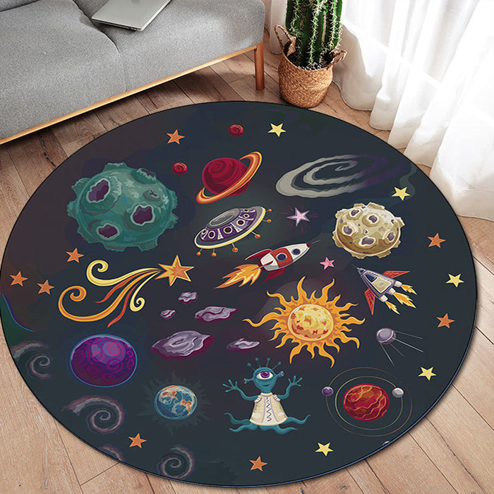 Kids Bedroom Rug in Black Outer Space Alien Planet Rocket Print Rug Polyester Machine Washable Area Rug