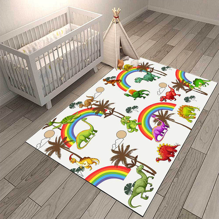 White Child's Room Rug Kids Animal Dinosaur Rainbow Tree Pattern Area Rug Polyester Washable Pet Friendly Carpet