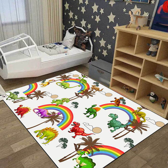 White Child's Room Rug Kids Animal Dinosaur Rainbow Tree Pattern Area Rug Polyester Washable Pet Friendly Carpet