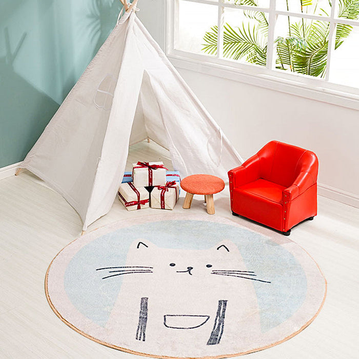 Kids Cat Pattern Rug Light Blue Polyester Rug Washable Anti-Slip Backing Area Rug for Home Decoration