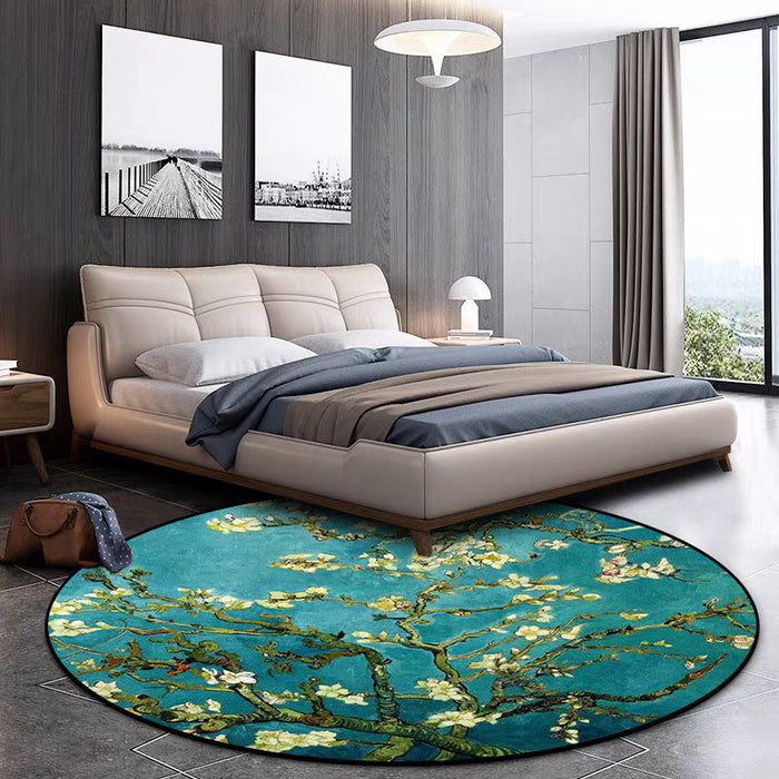 Retro Floral Pattern Rug Blue Traditional Rug Polyester Washable Anti-Slip Backing Area Rug for Living Room