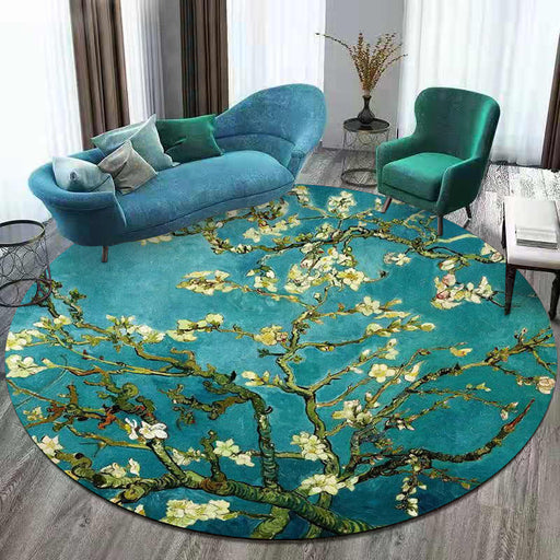 Retro Floral Pattern Rug Blue Traditional Rug Polyester Washable Anti-Slip Backing Area Rug for Living Room