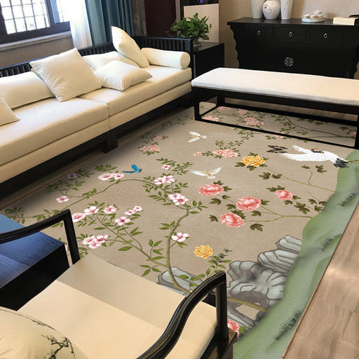 Vintage Floral Pattern Rug with Bird and Leaf Khaki Polyester Rug Machine Washable Non-Slip Area Rug for Living Room