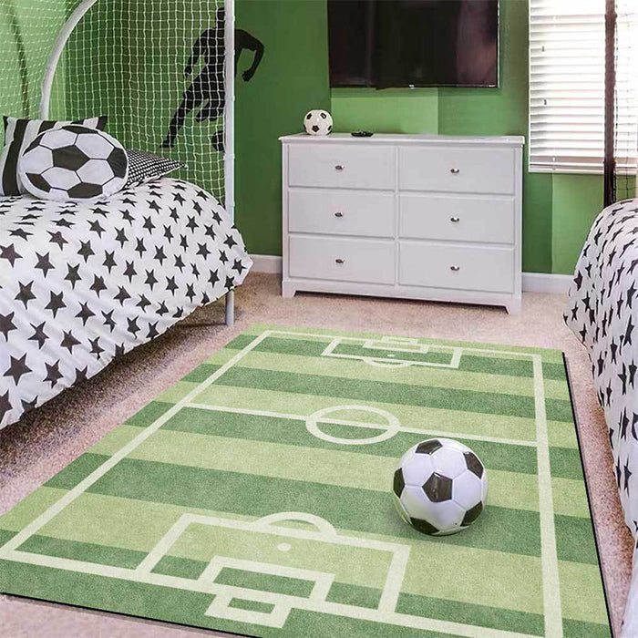 Kids Bedroom Rug in Green Sports Football Field Print Rug Polyester Non-Slip Backing Washable Area Rug