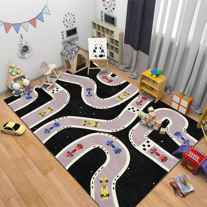 Kids Bedroom Rug in Black Cars & Roads Print Rug Polyester Non-Slip Backing Washable Area Rug