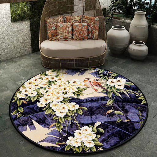 Traditional Floral Pattern Rug with Bird and Leaf Purple and White Polyester Rug Machine Washable Non-Slip Area Rug for Living Room