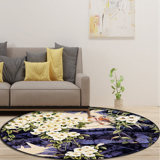 Traditional Floral Pattern Rug with Bird and Leaf Purple and White Polyester Rug Machine Washable Non-Slip Area Rug for Living Room