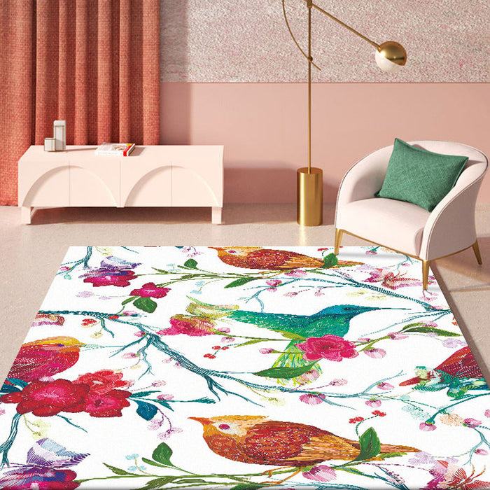 Retro Bird Pattern Rug with Floral and Leaf White Oriental Rug Polyester Washable Anti-Slip Backing Area Rug for Bedroom