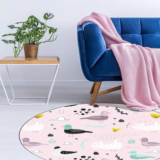 Kids Bedroom Rug in Pink Animal Bird Leaf Print Rug Polyester Washable Non-Slip Area Rug