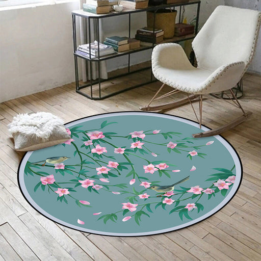 Retro Floral Pattern Rug with Bird and Leaf Blue Oriental Rug Polyester Washable Anti-Slip Backing Area Rug for Living Room