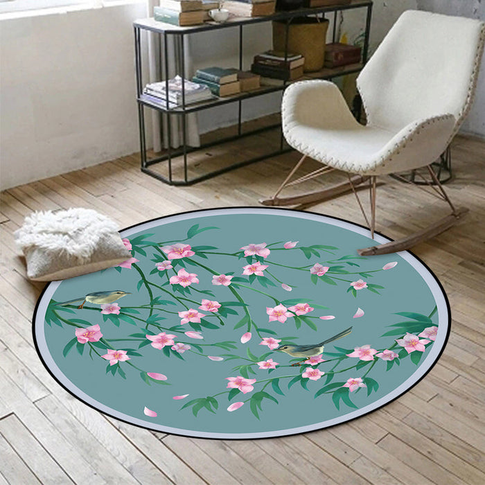 Retro Floral Pattern Rug with Bird and Leaf Blue Oriental Rug Polyester Washable Anti-Slip Backing Area Rug for Living Room