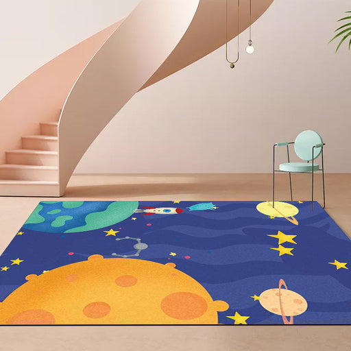 Purple Child's Room Rug Kids Outer Space Planet Star Aircraft Pattern Area Rug Polyester Non-Slip Backing Carpet