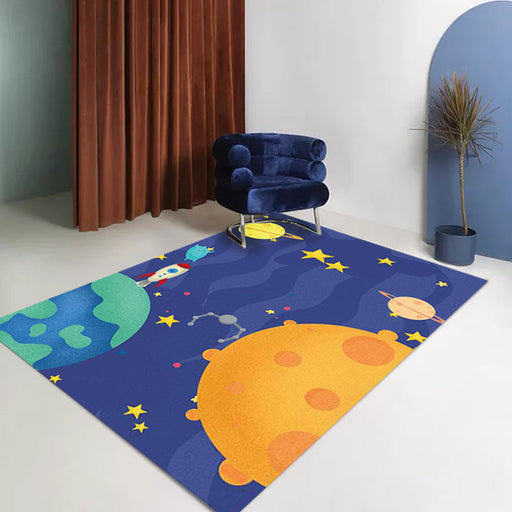 Purple Child's Room Rug Kids Outer Space Planet Star Aircraft Pattern Area Rug Polyester Non-Slip Backing Carpet