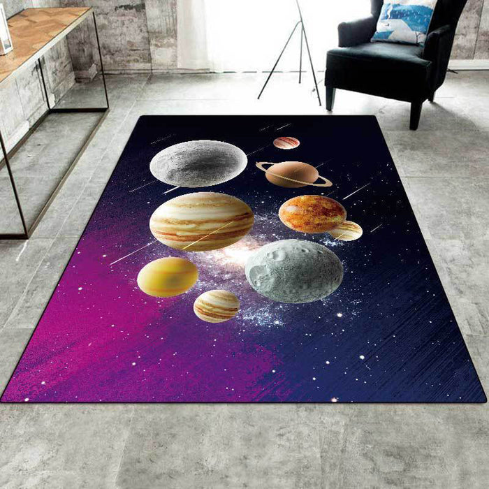 Kids Bedroom Rug in Black and Purple Outer Space Galaxy Planet Print Rug Polyester Machine Washable Area Rug