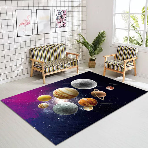 Kids Bedroom Rug in Black and Purple Outer Space Galaxy Planet Print Rug Polyester Machine Washable Area Rug