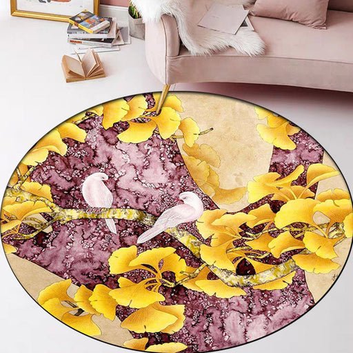 Retro Apricot Leaf Pattern Rug with Bird Yellow and Pink Traditional Rug Polyester Washable Anti-Slip Backing Area Rug for Bedroom