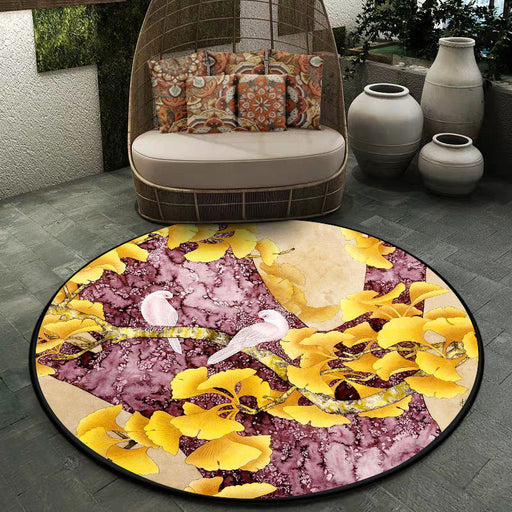 Retro Apricot Leaf Pattern Rug with Bird Yellow and Pink Traditional Rug Polyester Washable Anti-Slip Backing Area Rug for Bedroom