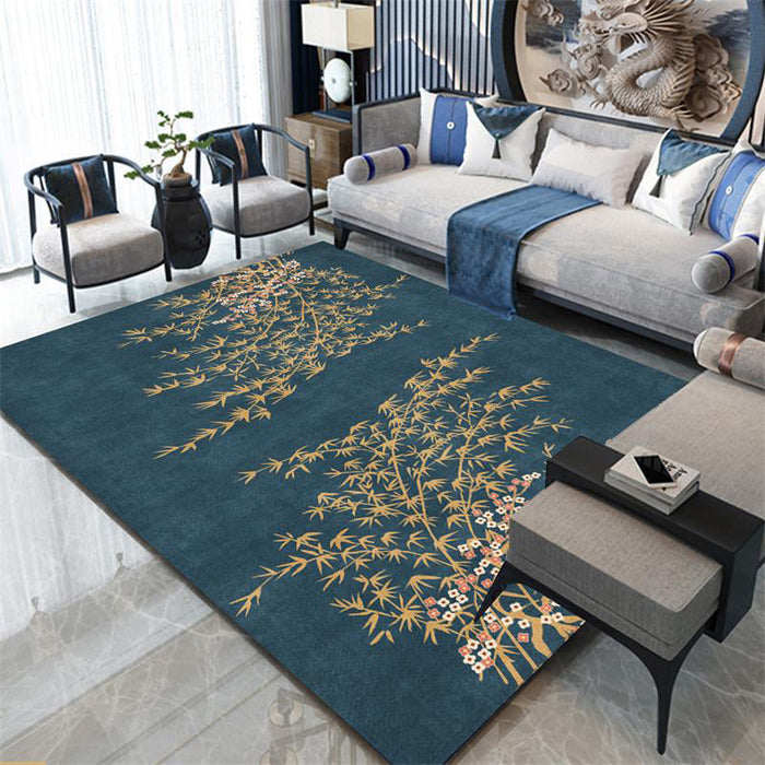 Retro Leaf Pattern Rug Navy Oriental Rug Polyester Washable Anti-Slip Backing Area Rug for Bedroom