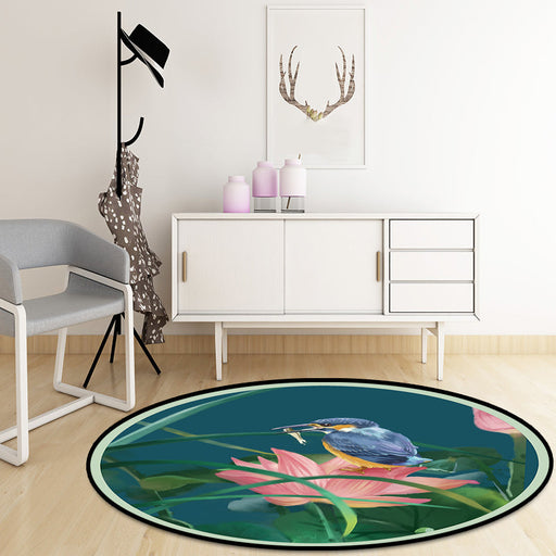 Vintage Lotus Pattern Rug with Bird and Leaf Green Polyester Rug Machine Washable Non-Slip Area Rug for Living Room