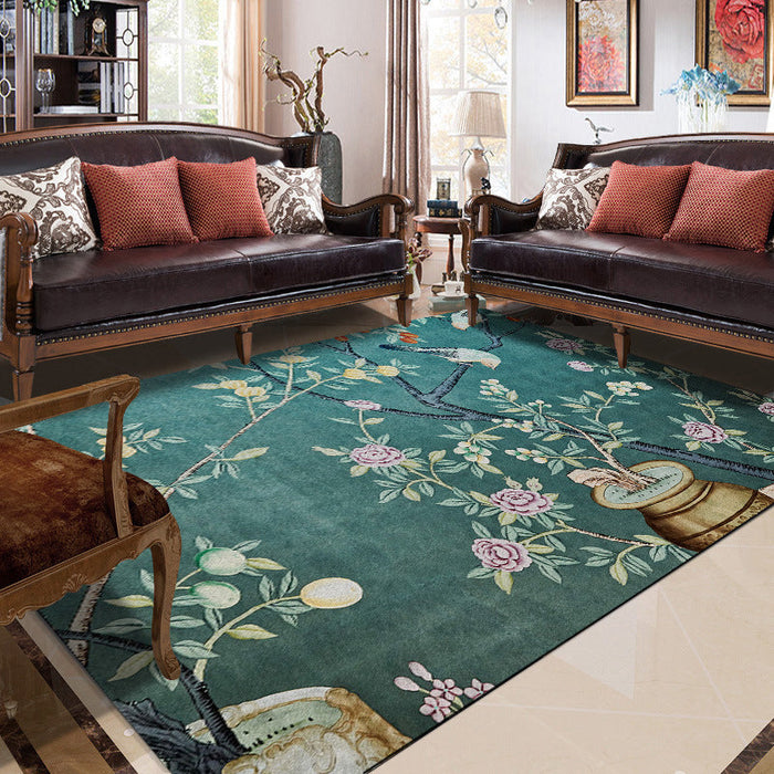 Retro Leaf Pattern Rug with Floral and Bird Green Oriental Rug Polyester Washable Anti-Slip Backing Area Rug for Bedroom