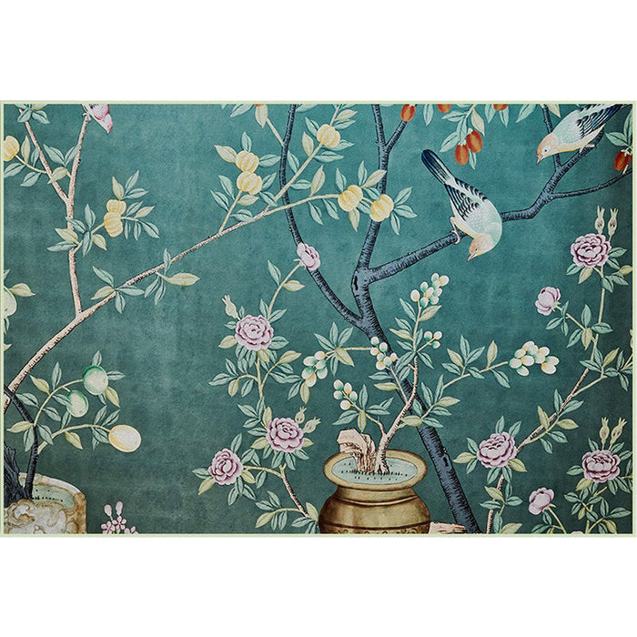 Retro Leaf Pattern Rug with Floral and Bird Green Oriental Rug Polyester Washable Anti-Slip Backing Area Rug for Bedroom