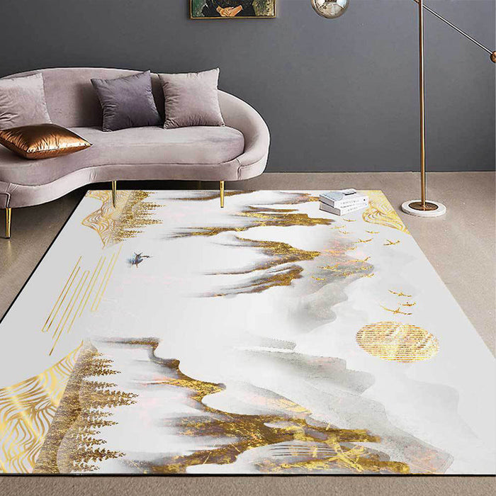 Retro Mountain Pattern Rug with Character and Bird Golden Oriental Rug Polyester Washable Anti-Slip Backing Area Rug for Living Room