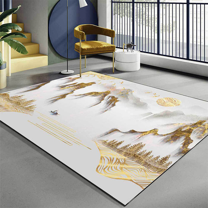 Retro Mountain Pattern Rug with Character and Bird Golden Oriental Rug Polyester Washable Anti-Slip Backing Area Rug for Living Room