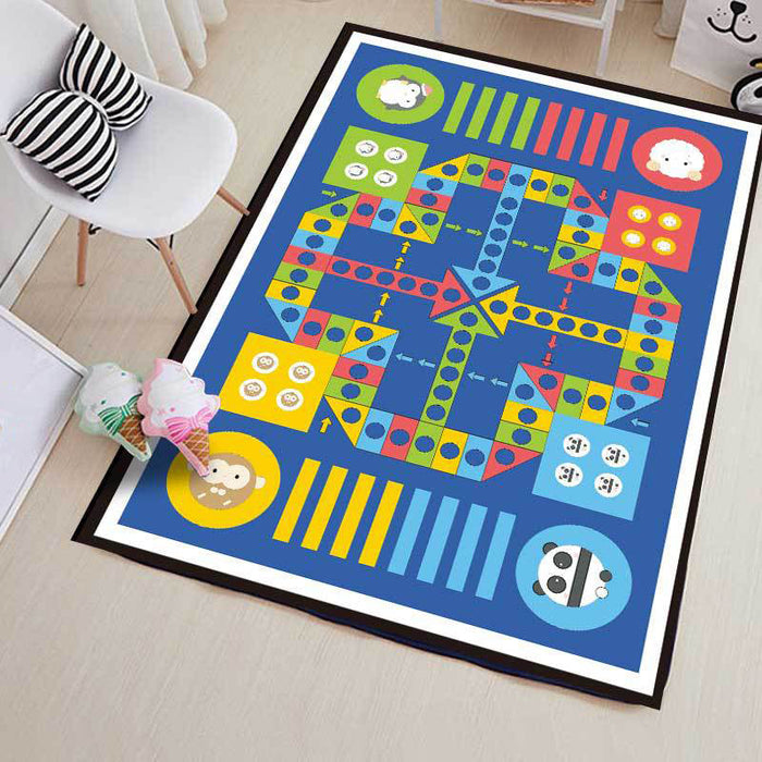 Blue Child's Room Rug Kids Educational Ludo Pattern Area Rug Polyester Pet Friendly Washable Carpet