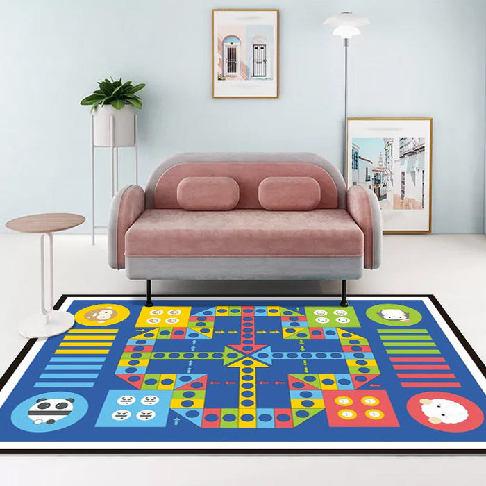 Blue Child's Room Rug Kids Educational Ludo Pattern Area Rug Polyester Pet Friendly Washable Carpet