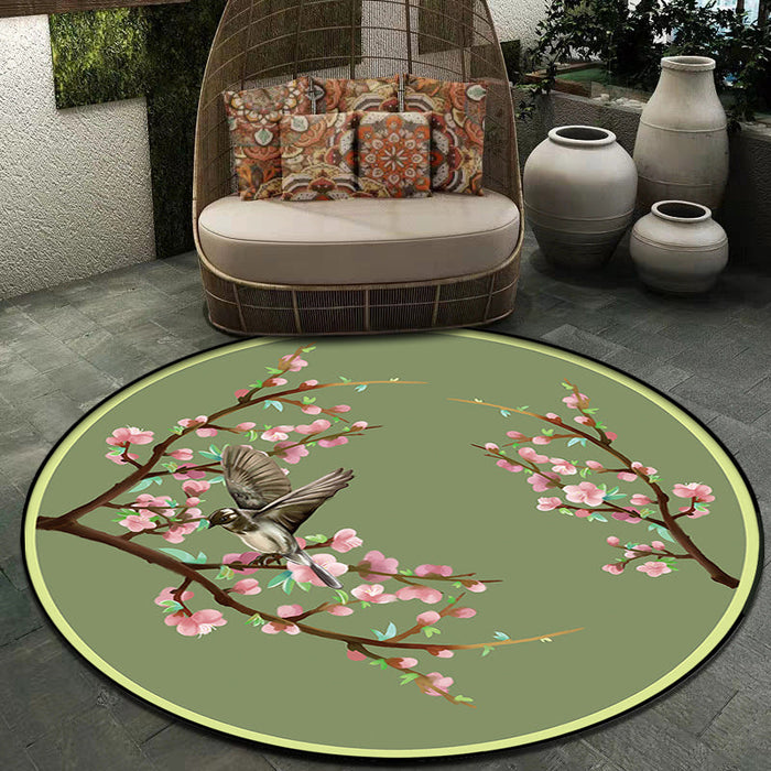 Vintage Floral Pattern Rug with Bird Green Polyester Rug Machine Washable Non-Slip Area Rug for Bedroom