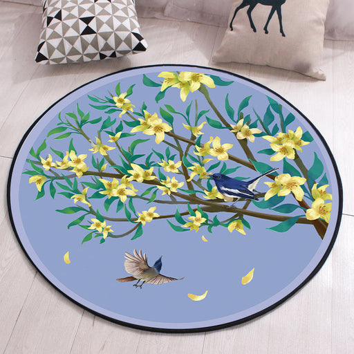 Unique Floral Pattern Rug with Bird and Leaf Purple and Yellow Oriental Rug Polyester Washable Anti-Slip Backing Area Rug for Bedroom