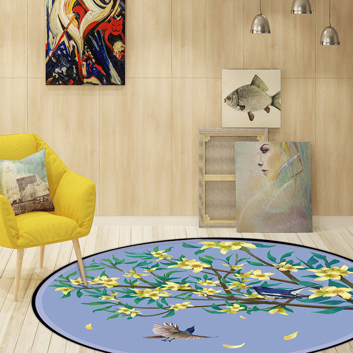 Unique Floral Pattern Rug with Bird and Leaf Purple and Yellow Oriental Rug Polyester Washable Anti-Slip Backing Area Rug for Bedroom