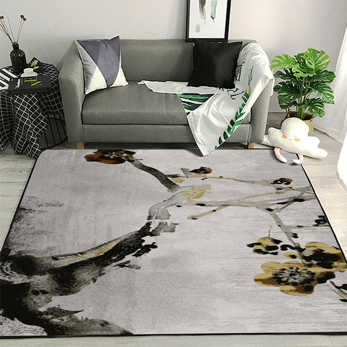 Retro Ink Wash Painting Rug with Floral Khaki Oriental Rug Polyester Washable Anti-Slip Backing Area Rug for Bedroom