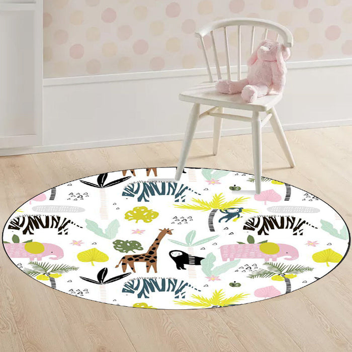 White Child's Room Rug Kids Animal Giraffe Zebra Elephant Pattern Area Rug Polyester Anti-Slip Backing Carpet