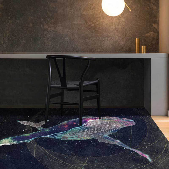 Kids Bedroom Rug in Black Outer Space Star Whale Print Rug Polyester Anti-Slip Backing Washable Area Rug