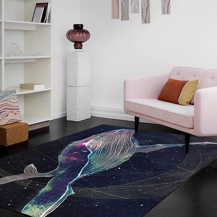 Kids Bedroom Rug in Black Outer Space Star Whale Print Rug Polyester Anti-Slip Backing Washable Area Rug