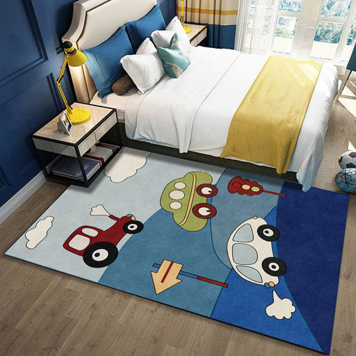 Blue Child's Room Rug Kids Cars & Roads Sign Cloud Pattern Area Rug Polyester Washable Pet Friendly Carpet