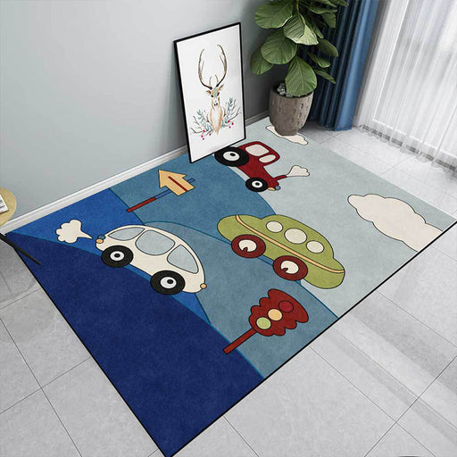 Blue Child's Room Rug Kids Cars & Roads Sign Cloud Pattern Area Rug Polyester Washable Pet Friendly Carpet