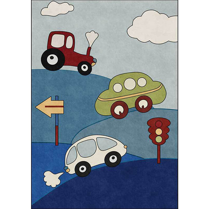 Blue Child's Room Rug Kids Cars & Roads Sign Cloud Pattern Area Rug Polyester Washable Pet Friendly Carpet