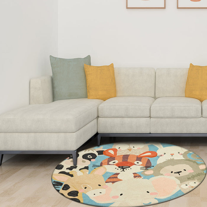 Kids Cartoon Animals Pattern Rug Blue Multicolor Polyester Rug Washable Anti-Slip Backing Area Rug for Room Decoration